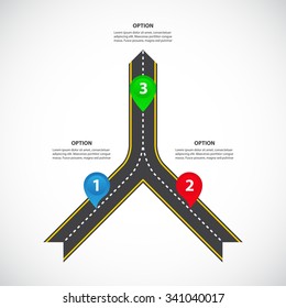 2 To 1 Vertical Converging Roads With Arrows, Bright Map Pointers And Text Fields - Teamwork And Focus On Results - Vector Infographics