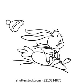 Rutschige Sonnenstrahlen fahren auf Schneehügel auf Schlitten. Weihnachten, Neujahr und Osterkontur Vektorgrafik für Banner, Karten und Produktdesign. Sammlung von Kaninchen im Cartoon-Stil. Spaß und Humor.