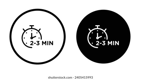 2 to 3 Minutes preparation icon set. 2-3 min food oven time vector symbol in black filled and outlined style.