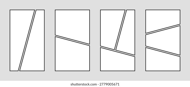 2 and 3 parts comics book page layout collection, photo collage frames template, black moodboard vector layout