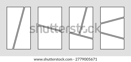 2 and 3 parts comics book page layout collection, photo collage frames template, black moodboard vector layout