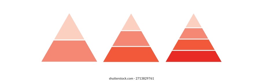 Conjunto de Vector de proceso de negocio de diagrama de infografía de pirámide naranja de 2, 4, 5 niveles. Conjunto de infografía de la pirámide. Colección de segmentos de datos de jerarquía triangular. eps10