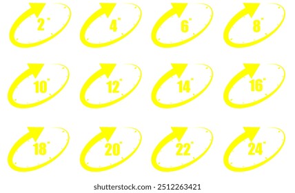2, 4, 6, 8, 10, 12, 14, 16, 18, 20, 22, 24 horas, símbolo de ícone amarelo, relógio de ponto