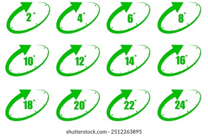 2, 4, 6, 8, 10, 12, 14, 16, 18, 20, 22, 24 Stunden, grünes Symbol, Uhrzeit