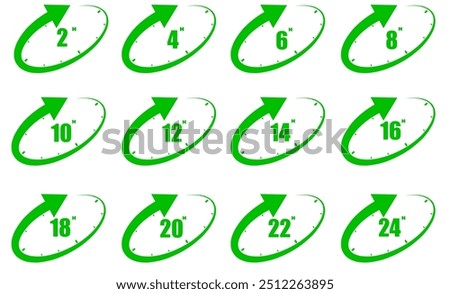 2, 4, 6, 8, 10, 12, 14, 16, 18, 20, 22, 24 hours, green icon symbol, time clock