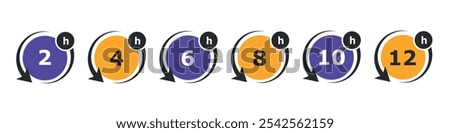2, 4, 6, 8, 10, and 12  hours icon. Service hours, delivery time and business clock.  