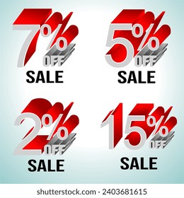 2%, 5%, 7%,15% discount on letters with promotional discount in gray colors and shadow with red extrusion effect with two colors in the background