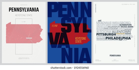 2 of 50 sets, US State Posters with name and Information in 3 Design Styles, Detailed vector art print Pennsylvania map