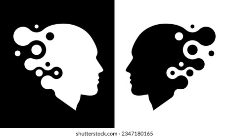 2 abstract black and white faces in profile. Artistic background. Vector illustration