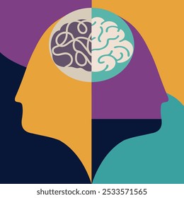 2 Abstract Head silhouette. Metaphor bipolar disorder mind mental. Double face with tangle and untangle brain. Concept mood disorder. Split personality. Psychology. Mental health