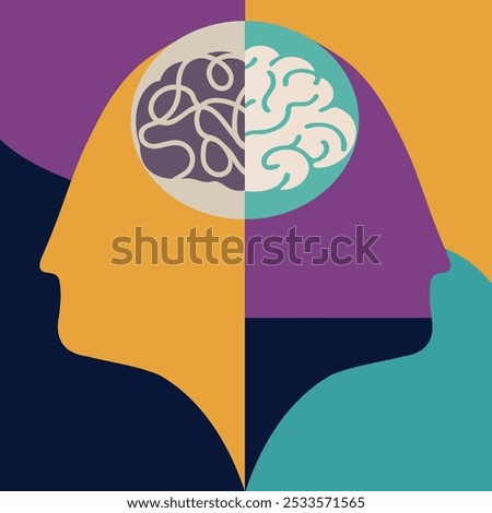 2 Abstract Head silhouette. Metaphor bipolar disorder mind mental. Double face with tangle and untangle brain. Concept mood disorder. Split personality. Psychology. Mental health