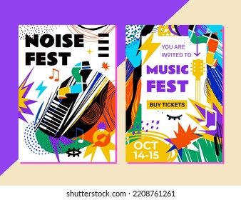 2 Abstract Musical Festivals Templates. Modern, bright, eye-catching design. Perfect as a poster, outdoor advertising, also for social networks and much more. Size A4. Vector illustration.