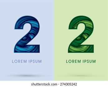 2 ,Abstract Number , font, concept Spin water, wind and natural, designed using blue and green grunge brush,sign 