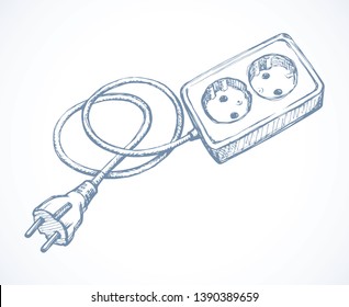 2 ac portable plastic wattage hardware set on white wall backdrop. Black outline hand drawn network rosette app off logo pictogram in modern art doodle style pen on paper space for text. Close up view