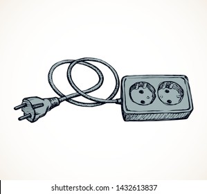 2 ac portable plastic wattage hardware set on white wall backdrop. Black outline hand drawn network rosette app off logo pictogram in modern art doodle style pen on paper space for text. Close up view