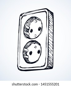 2 ac portable plastic wattage hardware set on white wall backdrop. Black outline hand drawn network rosette app off logo pictogram in modern art doodle style pen on paper space for text. Close up view