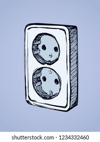 2 ac portable white plastic wattage hardware set on light blue backdrop. Outline hand drawn network rosette app off logo pictogram in modern art doodle style pen on paper space for text. Close up view