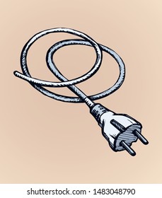 2 ac portable white plastic wattage hardware set on light beige backdrop. Outline hand drawn network rosette app off logo pictogram in modern art doodle style pen on paper text space. Close up view