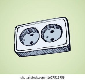 2 ac portable white plastic wattage hardware set on light green backdrop. Outline hand drawn network rosette app off logo pictogram in modern art doodle style pen on paper text space. Close up view