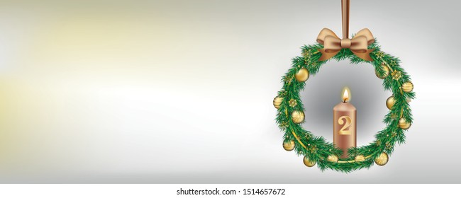 2 advent Christmas header with green twigs and golden baubles. Eps 10 vector file.
