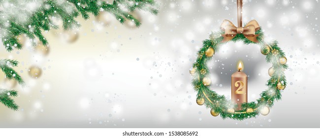 2 advent Christmas header with green twigs and snowfall. Eps 10 vector file.