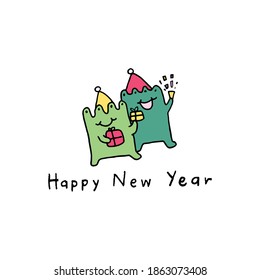 2 alien celebrating. Cute Merry Christmas and Happy New greeting card. Printable hand drawn design. On white background.