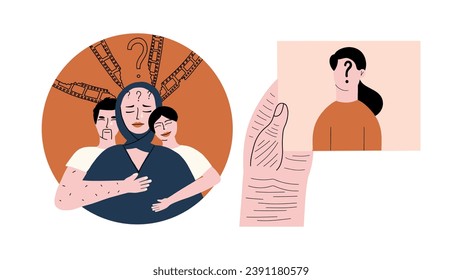 2 Alzheimer's disease concepts. Children hug their mother with dementia. An old hand holds an unknown photograph of a relative. Vector illustration