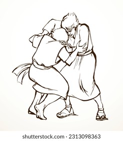 2 angry jew human boy guy arm compete win war god army hero white text space. Line drawn jewish rival dress girl friend pull play game attack muscle vs concept sign icon old retro age sketch art style