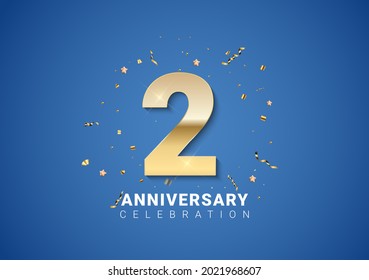 2 anniversary background with golden numbers, confetti, stars on bright blue background. Vector Illustration EPS10