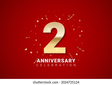 2 anniversary background with golden numbers, confetti, stars on bright red holiday background. Vector Illustration EPS10