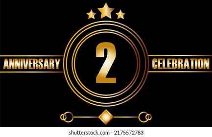 2 anniversary celebration. Two years birthday celebration banner with bright gold color.