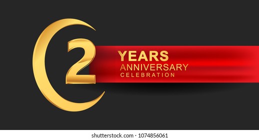 2 anniversary design logotype golden color with ring and red ribbon for anniversary celebration
