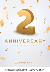 2 Anniversary gold numbers with golden confetti. Celebration 2 anniversary event party template.