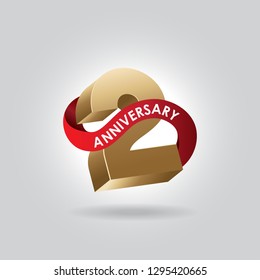 2 Anniversary Gold Numbers With Red Ribbon. Celebration 2 Anniversary Event Party Template. Anniversary Template Design For Web, Creative Poster, Booklet, Leaflet, Flyer, And Invitation.