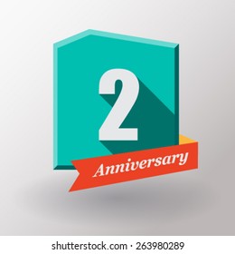 2 Anniversary   label with ribbon. Flat design.