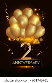 2 Anniversary Logo Celebration with Golden balloon and confetti, Isolated on dark Background