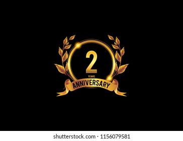  2 anniversary template design for web, Anniversary logo with ring golden colored isolated and wreath on black background