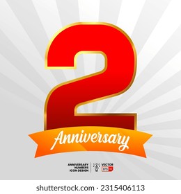 2 Anniversary vector font numbers with ribbon and starburst background. Suitable for icon, logo, symbol, sign, greeting, card, poster, or banner design
