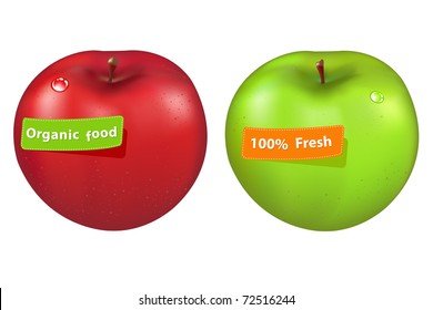 2 Apples With Labels, Isolated On White Background, Vector Illustration