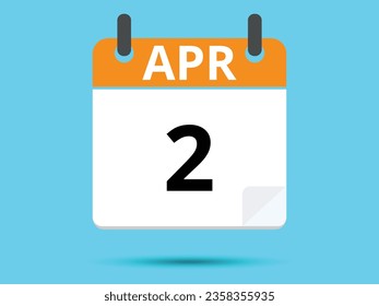 2 April. Flat icon calendar isolated on blue background. Vector illustration.