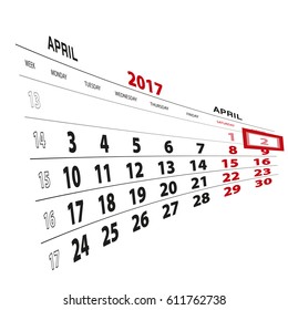 2 April highlighted on calendar 2017. Week starts from Monday. Vector Illustration.