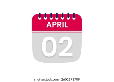 2 April month single day vector, illustration, calendar with red, off white and white color background calendar April 2