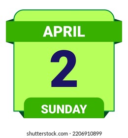 2 April, Sunday. Date template. Useful design for calendar or event promotion. Vector illustration EPS 10 File. Isolated on white background.