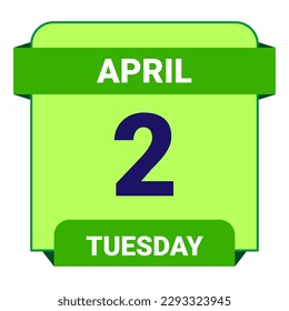 2 April, Tuesday. Date template. Useful design for calendar or event promotion. Vector illustration EPS 10 File. Isolated on white background. 