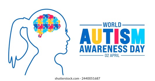 2 April world Autism awareness day girl child head with colorful puzzle brain banner design template. vector illustration