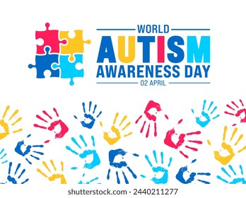 2 April world Autism Awareness Day colorful Puzzle banner design template. Autism Awareness Day colorful kids raising hand background design template.