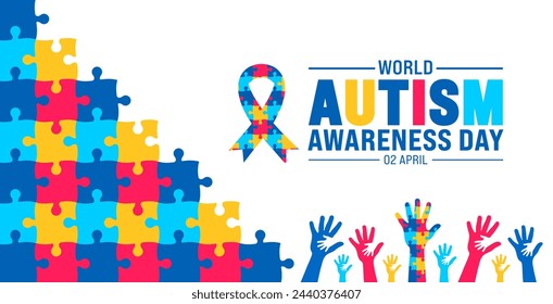 2 April world Autism Awareness Day colorful Puzzle icon with puzzle Awareness Ribbon banner or background design template.