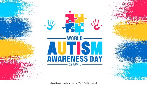 2 April world Autism Awareness Day colorful ink paint brush stroke texture with Puzzle piece banner or background design template.