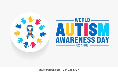 2 de abril mundo Día de la Conciencia del Autismo concepto colorido de la huella de mano del niño o círculo de mano de los niños con la conciencia de la pieza del rompecabezas plantilla de diseño de fondo de cinta.