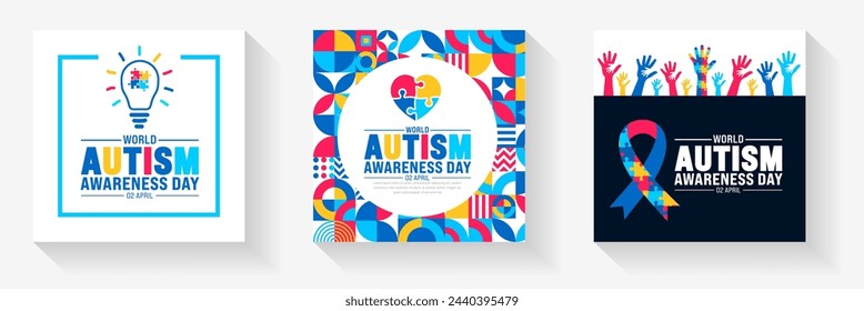 2 April world Autism Awareness Day social media post banner design set. Autism Awareness Day banner bundle with puzzle piece, child hand, awareness ribbon, love icon, child girl and boy vector design.